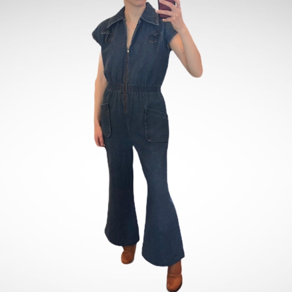 Vintage 1970s Blue Denim Wide Leg Retro Jumpsuit